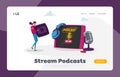 Audioprogram Livestream, Entertainment Online Broadcasting Studio Landing Page Template. Tiny Female at Huge Tablet