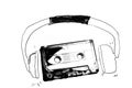 Audiotape and headphone draw on white Royalty Free Stock Photo
