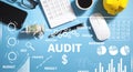 Audit. Business charts, objects, graphs and words. Business concept Royalty Free Stock Photo