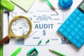 Audit. Business charts, objects, graphs and words. Business concept Royalty Free Stock Photo