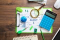 Audit. Business charts, objects, graphs and words. Business concept Royalty Free Stock Photo