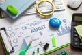 Audit. Business charts, objects, graphs and words. Business concept Royalty Free Stock Photo