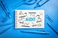 Audit concept. Chart with keywords and icons. Abstract blue office desk Royalty Free Stock Photo