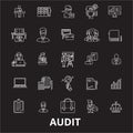 Audit editable line icons vector set on black background. Audit white outline illustrations, signs, symbols Royalty Free Stock Photo