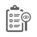 Audit, eye, search, report icon. Gray vector graphics