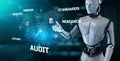 Audit Robotic process automation RPA concept. Robot pressing button on screen 3d render