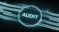 Audit text in a bright circle surrounded by flowing binary code on a dark background Royalty Free Stock Photo