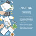 Auditing, accounting, analysis, analytics. Auditor inspects financial documents. Businessman hands with magnifying glass