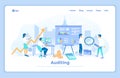 Auditing, analysis, accounting, analytics. Audit team checks information data, documents, makes calculations. Graphs, charts