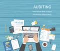 Auditing concepts. Businessman auditor inspects assessing financial documents. Man`s hands with laptop, documents, forms. Research