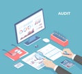 Auditing concepts. Businessman auditor inspects financial documents and fill a report form. Man`s hand with magnifier. Monitor, gr Royalty Free Stock Photo