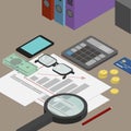 Auditor desktop, accounting documents, the analysis of these rep Royalty Free Stock Photo