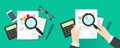 Auditor person man research or analyse sales report with review inspection sales chart graphs statistics form flat lay