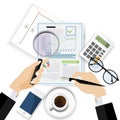 Auditor work desk,financial research report, project desktop vector,