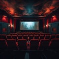 an auditorium in a movie theater without people. empty rows of chairs.