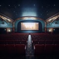 an auditorium in a movie theater without people. empty rows of chairs.