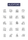 Auditors line vector icons and signs. Assessors, Examiners, Inspectors, Analyzers, Controllers, Scrutinizers Royalty Free Stock Photo