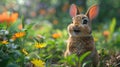 An Audubons Cottontail standing in a flowerfilled field, gazing at the camera