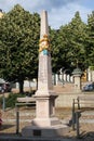 Auerbach, Germany - July 22, 2023: Historical Saxon milepost pillar on the Altmarkt square in central Auerbach, a town in Vogtland