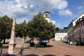 Auerbach, Germany - July 22, 2023: View of old market square and St. Laurentius church in the center of Auerbach town in Vogtland