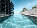 28 aug 20, Pattaya, Thailand. infinity swimming pool edge. luxury vacation near the sea. few customers during covid-19 outbreak.