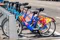 Aug 21, 2019 San Francisco / CA / USA - Colorful Bay Wheels formerly Ford GoBike bicycles parked at a station; Motivate the