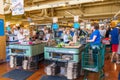 Aug 10, 2019 San Mateo / CA / USA - Whole Foods store cash register check out lanes, south San Francisco bay area Royalty Free Stock Photo