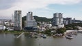 29 aug 20, Sriracha city, Thailand. aerial view of city near sea. tall hotel and office buildings in water front.