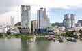 29 aug 20, Sriracha city, Thailand. aerial view of city near sea. tall hotel and office buildings in water front.