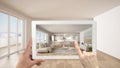 Augmented reality concept. Hand holding tablet with AR application used to simulate furniture and design products in empty