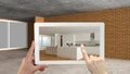 Augmented reality concept. Hand holding tablet with AR application used to simulate furniture and design products in an interior