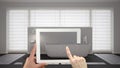 Augmented reality concept. Hand holding tablet with AR application used to simulate furniture and interior design products in real Royalty Free Stock Photo