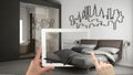 Augmented reality concept. Hand holding tablet with AR application used to simulate furniture and interior design products in real Royalty Free Stock Photo