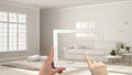 Augmented reality concept. Hand holding tablet with AR application used to simulate furniture and interior design products in real Royalty Free Stock Photo