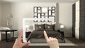 Augmented reality concept. Hand holding tablet with AR application used to simulate furniture and interior design products in real Royalty Free Stock Photo