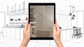 Augmented reality concept. Hands holding tablet, AR application used to simulate 3d over notebook with blueprint sketch, architect Royalty Free Stock Photo