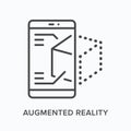 Augmented reality flat line icon. Vector outline illustration of smartphone with AR projection of cube. Virtual