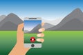 Augmented Reality Flat Vector Illustration. Smartphone Game. Hand Holding Mobile Phone with Online Gaming. Geolocation and