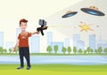 Augmented reality games. Boy with AR gun playing a shooter. Game weapon with mobile phone. Vector illustration.