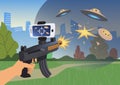 Augmented reality games. Boy with AR gun playing a shooter. Game weapon with mobile phone. Vector illustration.