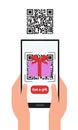 Getting information by scanning a QR code with a smartphone. Reflection of augmented reality on the screen. Vector Royalty Free Stock Photo