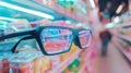 Augmented reality glasses displaying data shopping in supermarket Royalty Free Stock Photo