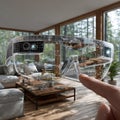 Augmented reality glasses interface with finger touch in a modern living room setting indoors Royalty Free Stock Photo