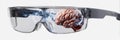 Augmented Reality Glasses Show Brain Overlay With Digital Effects for Cognitive Enhancement at a Clean Workspace Royalty Free Stock Photo