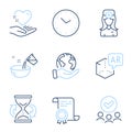 Augmented reality, Hold heart and Hourglass icons set. Cooking water, Time and Oculist doctor signs. Vector