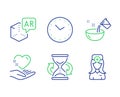 Augmented reality, Hold heart and Hourglass icons set. Cooking water, Time and Oculist doctor signs. Vector