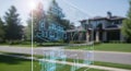 Augmented Reality Interface Displaying House Blueprints and Financial Data Over a Suburban Street Royalty Free Stock Photo