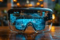 An augmented reality interface enhancing productivity in a home office. A pair of virtual reality goggles sitting on top of a