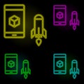 Augmented reality, launch, rocket, mobile neon color set icon. Simple thin line, outline vector of augmented reality icons for ui Royalty Free Stock Photo