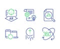 Augmented reality, Swipe up and Analytics graph icons set. Cogwheel, Recovery devices and Full rotation signs. Vector